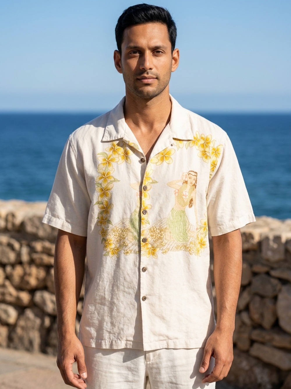 Tommy Bahama 💯 silk Yellow Floral and Hula Print